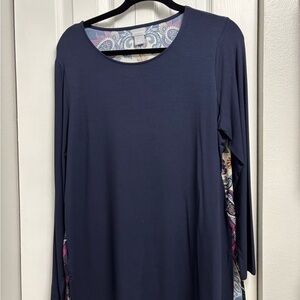 Chico's Navy Long-Sleeve Scoop Neck Tunic with Paisley Inset